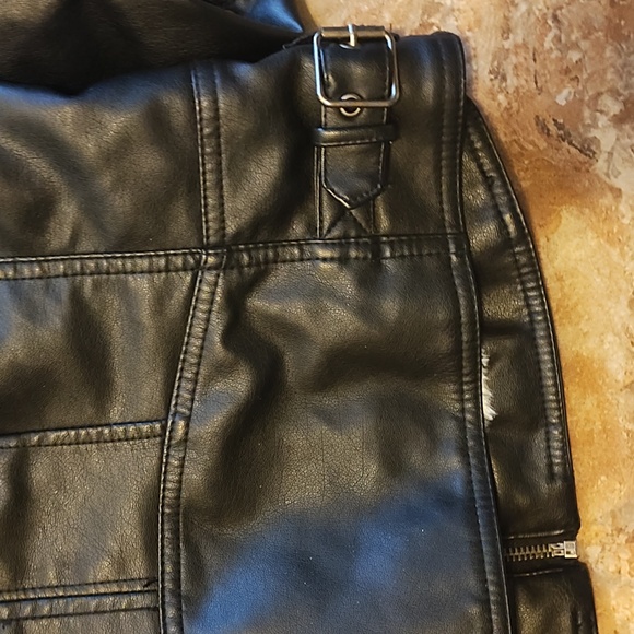 Women's Black Faux Leather Jacket with Gray Hoodie - Picture 4 of 10